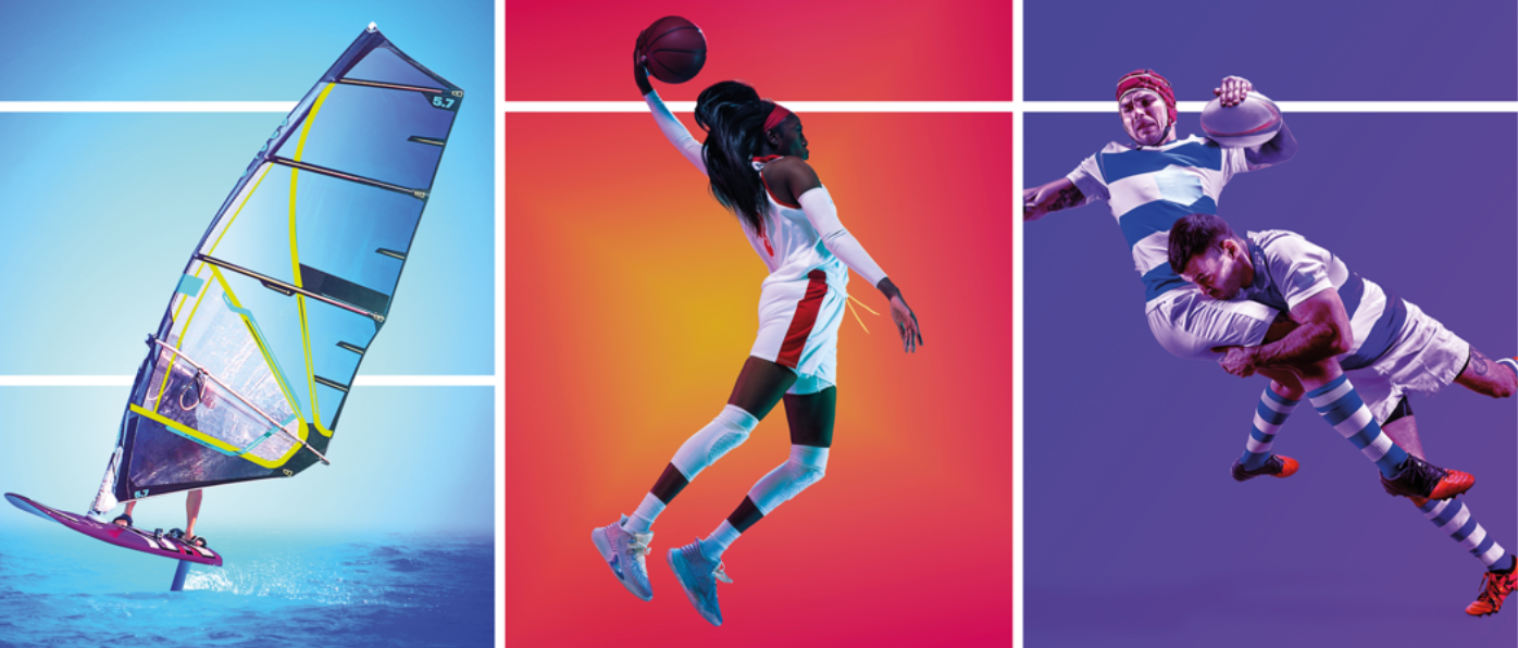 photo présentant différents sports (planche à voile, basket, rugby)